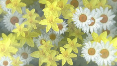 Beautiful Springtime floral nature motion background animation with gently moving daffodil and daisy flowers in full bloom in the style of an oil painting.
