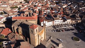 Aerial view of the Main Square in Trujillo, Extremadura, Spain. High quality 4k footage
