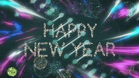 Animation of happy new year over rotating dna chain and fireworks on black background. new year, party, celebration and digital interface concept digitally generated video. - Powered by Shutterstock - Get 15% off with code: PIKWIZARD15