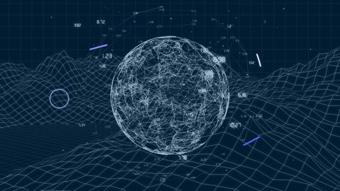 Animation of globe, diverse shapes, eye and numbers over metaverse space. global network, connections and technology concept digitally generated video.