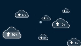 Animation of clouds with uploading over globe rotating with diverse icons. global network, connections, cloud computing and technology concept digitally generated video.
