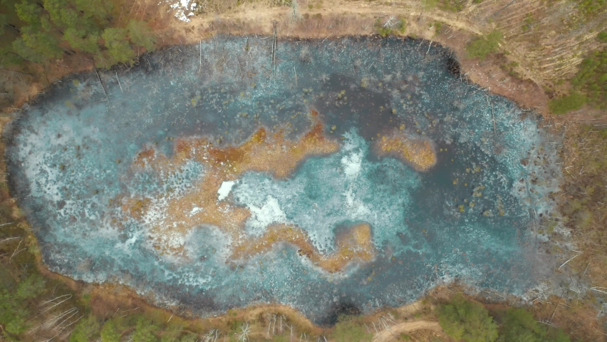 AERIAL: Frozen Blue Water Pond in Forest in Lithuania Wilderness