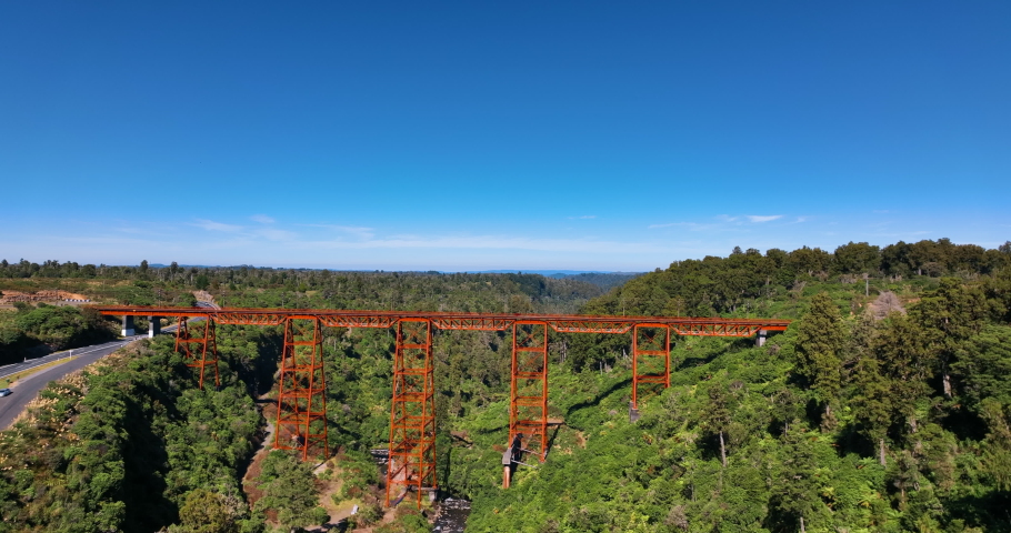 Flight towards, and above, New Zealand's dramatic Makatote rail viaduct Royalty-Free Stock Footage #1088103853