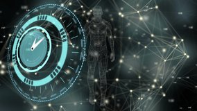 Animation of moving clock over black background with human model and network of connections. time, connections, science and technology concept digitally generated video. - Powered by Shutterstock - Get 15% off with code: PIKWIZARD15