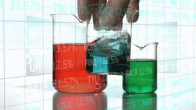 Animation of financial data processing over hand of lab worker pouring solutions in glasses. science, chemistry, economy and technology concept digitally generated video.
