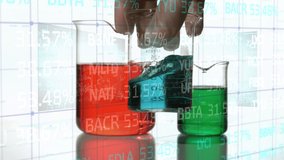 Animation of financial data processing over hand of lab worker pouring solutions in glasses. science, chemistry, economy and technology concept digitally generated video. - Powered by Shutterstock - Get 15% off with code: PIKWIZARD15