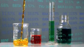 Animation of financial data processing over liquid pouring into lab glasses. science, chemistry, economy and technology concept digitally generated video. - Powered by Shutterstock - Get 15% off with code: PIKWIZARD15