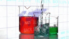 Animation of financial data processing over liquid pouring into lab glass. science, chemistry, economy and technology concept digitally generated video. - Powered by Shutterstock - Get 15% off with code: PIKWIZARD15