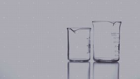Animation of diverse data over reagents pouring into lab glasses. science, chemistry and technology concept digitally generated video.