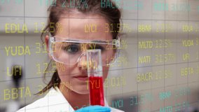 Animation of financial data processing over caucasian female lab worker holding glass with reagent. science, chemistry, economy and technology concept digitally generated video.