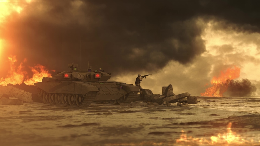 Animation of Tank shoots to the enemy. Explosion and firestorm. 