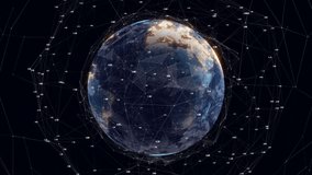 Animation of globe over network of connections and data processing. global technology, data processing and digital interface concept digitally generated video.