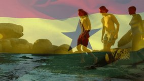 Animation of flag of ghana over diverse group of friends at beach. patriotism and celebration concept digitally generated video. - Powered by Shutterstock - Get 15% off with code: PIKWIZARD15