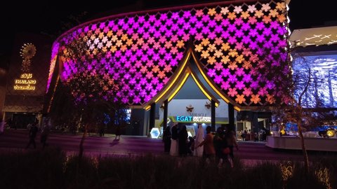 Dubai, UAE - March 3, 2022: Thailand pavilion at Expo2020 in Dubai lit up at night