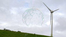Animation of globe with data processing over wind turbine. global business and digital interface concept digitally generated video. - Powered by Shutterstock - Get 15% off with code: PIKWIZARD15