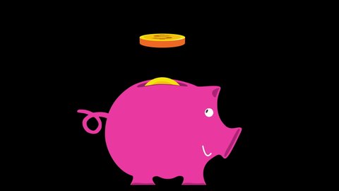 Dollar coins fall into moneybox in the form of a pink pig. Seamless loop animation, isolated on black background