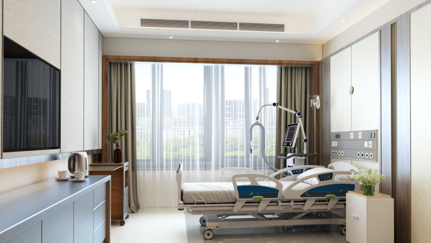 3D Rendering of Modern Luxury Hospital Room Interior With Empty Bed, Lcd Television And City View From The Window Royalty-Free Stock Footage #1088117473