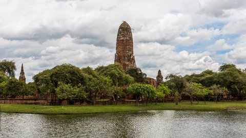 Time Lapse Wat Phra Ram at Ayutthaya Historical Park is an old ancient site, Thailand with reflections of water and many clouds