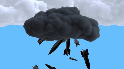 Black air bombs fall from cloud on white sky. Abstract surrealistic stop motion 3d animation. Military concept art. Modern design composition.Minimalistic creative background.