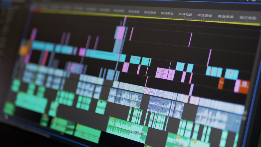 Correction, Editing Audio Layers Played on the Soundtrack on a Computer Screen. Movement adjustment layer pocket. Graph, tracks. Work in application on a laptop with music files in a recording studio. - Powered by Shutterstock - Get 15% off with code: PIKWIZARD15