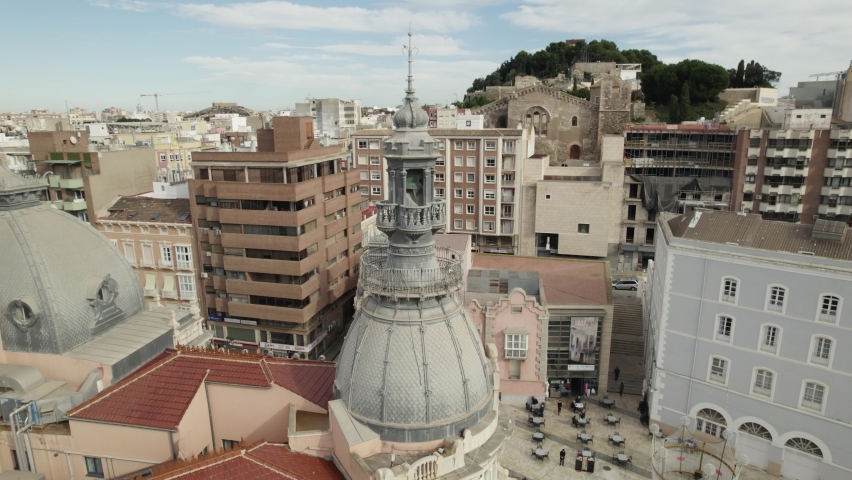 Aerial circle view of city center of Cartegena. Contrast of modern and ancient style. Spain. Daylight