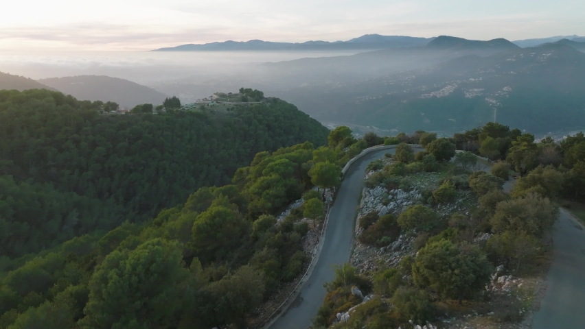 Aerial drone flight over The French Riviera near Nice Grande Corniche Cote dzur