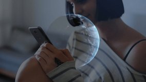 Animation of globe over caucasian businesswoman using smartphone. global business, finances, connections and digital interface concept digitally generated video.