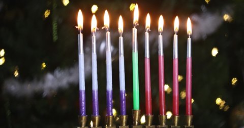 Hebrew Menorah of Hanukkah with burning candles is traditional symbol for Jewish holiday