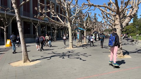 Berkeley, CA - March 8, 2022: 4K HD video of students rushing to and from classes at UC Berkeley Sproul Plaza. 2x normal speed