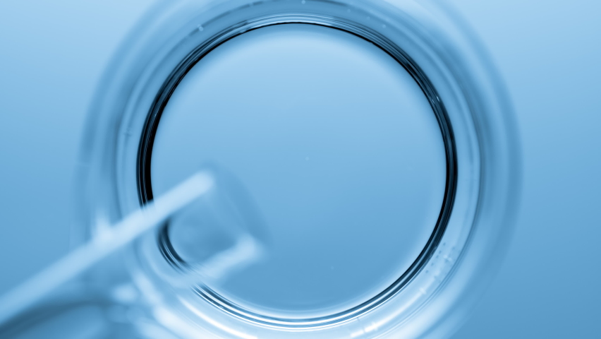 Top view macro shot of glycerin pouring into beaker with water creates ripples on its surface on pale blue background | Abstract body care cosmetics formulation concept Royalty-Free Stock Footage #1088128383