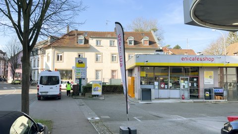 Strasbourg, France - Mar 11 2022: Morning scene with Italian Eni gas station with new prices at the pump exceeding all expectations. The war in Ukraine has pushed fuel prices above the two-euro 
