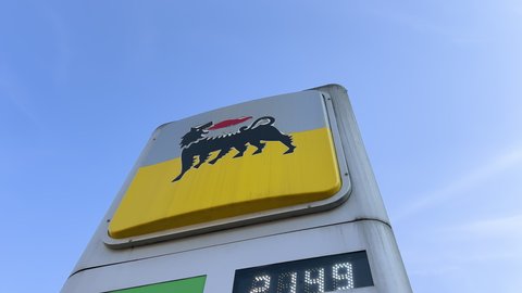 Strasbourg, France - Mar 11 2022: Close-up of Italian Eni gas station with new prices at the pump exceeding all expectations. Fuel prices are rising following the war in Ukraine