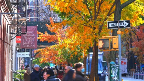 NEW YORK, NEW YORK USA – NOVEMBER 23: People walk and shop under the autumnal leaf color trees along West Broadway in Soho district on November 23, 2021 in New York City NY USA.