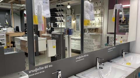 BANGKOK, THAILAND - Circa November, 2021: Bathroom furniture set of wash basin and mirror design at IKEA Store Bang Yai inside Central Plaza Westgate