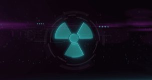 Animation of green nuclear sign and data processing with glitch over black background. nuclear energy concept digitally generated video.