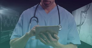 Animation of caucasian male doctor with tablet over data processing. global medicine, finances, connections and digital interface concept digitally generated video.