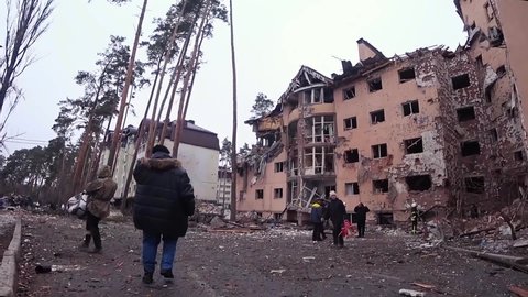 Kiev, Ukraine - 03.08.2022: Destroyed house after bomb attacks in Ukraine. Ukraine war.