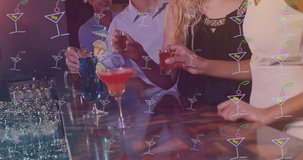 Animation of drink icons over happy diverse friends with drinks. world cocktail day and celebration concept digitally generated video.