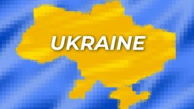 Map of Ukraine in yellow tones on a blue background. Pulsating inscription - Ukraine Victory. Video art graphics.
