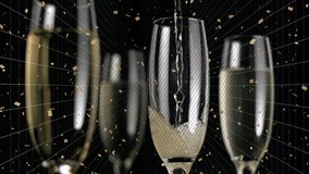 Animation of shapes over glasses of champagne and confetti. social media and communication interface concept digitally generated video.