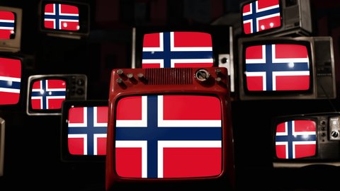 Flag of Norway and Vintage Televisions. 4K Resolution.