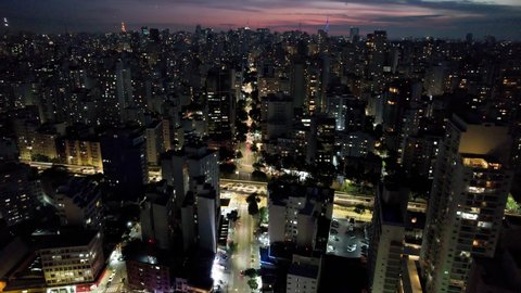 Night Aerial Cityscape Time Lapse At Sao Paulo Brazil. Downtown Landscape Of Tower. City Landscape Of Downtown Vacations Travel. South America Postcard. Outdoor Downtown Business. Sao Paulo Brazil.