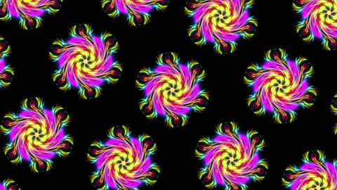 Animation movement and rotation mandalas in shiny glowing lilac yellow color on dark black background. High quality FullHD footage