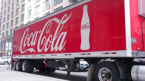 CHICAGO, IL - AUGUST 27 : Parked Coca Cola delivery truck in downtown Chicago, Illinois on August 27, 2021.