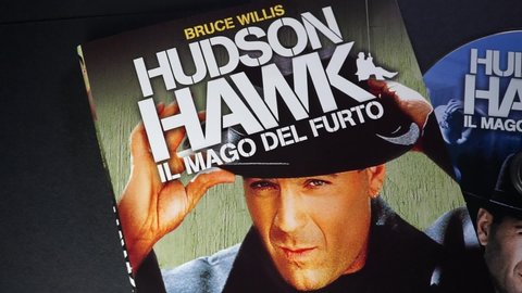 Rome, Italy - March 10, 2022, detail of the cover and blu ray disc Hudson Hawk, the wizard of theft with Bruce Willis.