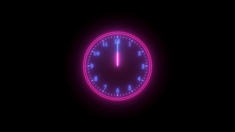 Blue pink neon light analog clock isolated animated on black background