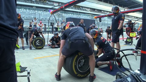 SOCHI, RUSSIA - 29 September 2019: Red Bull F1 team pit stop at Race Weekend at Formula 1 Grand Prix of Russia 2019