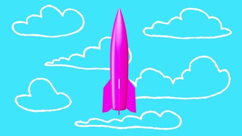 Pink air bomb falling and rotating with doodle cartoon clouds. Abstract surrealistic stop motion 3d animation. Military concept art. Modern design composition.Minimalistic creative background.