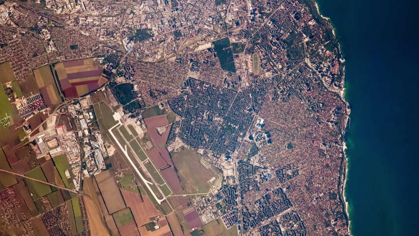 Odessa Ukraine city aerial view from satellite sunset animation of urban map and harbor. Based on image furnished by Nasa