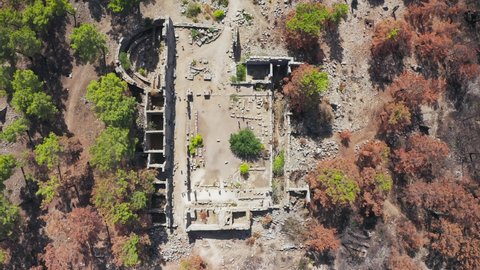 Taurus Mountains. Manavgat. Seleucia (Pamphylia, Lyre, Lyre). Forest fire in the mountains. The ancient ruins of Seleucia. Ancient city on the Mediterranean coast of Pamphylia, in Anatolia
